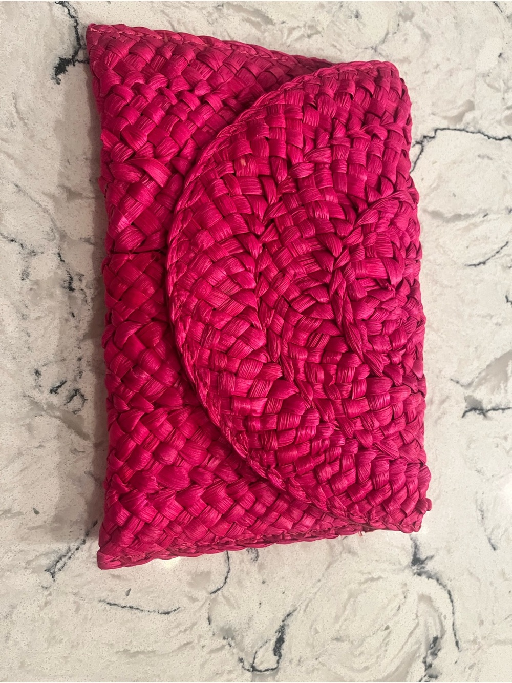 Woven Straw Fold-Over Clutch - Hot Pink